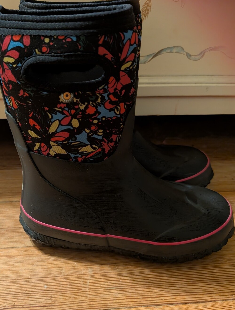 Boggs Kids Black Winter Boots with Floral Accent and Pink Trim